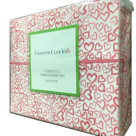 new Charter Club Printed 100% Cotton FULL Sheet Set w/ Pink Hearts - VALENTINE - Picture 3 of 7
